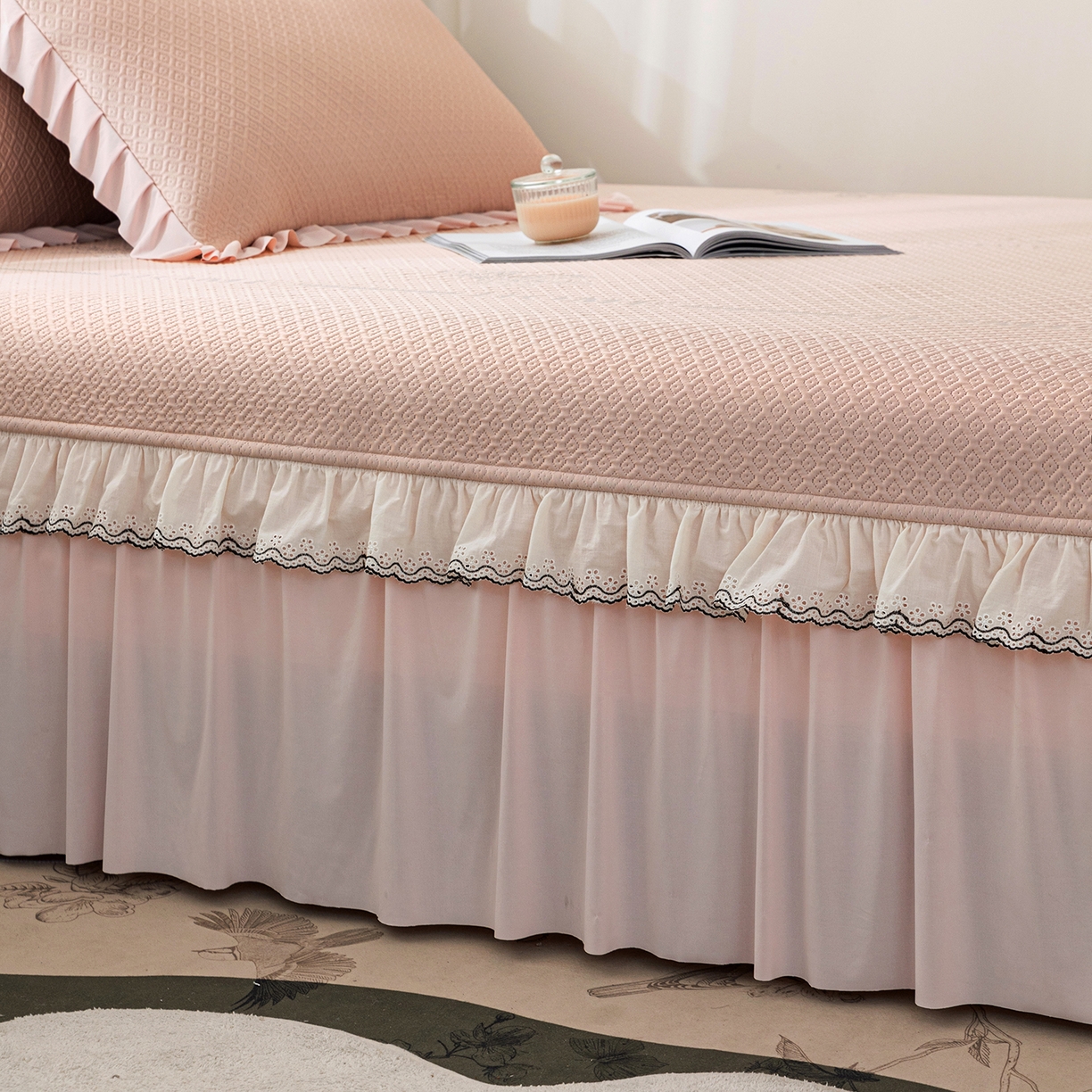 91家纺网 家纺一手货源 找家纺 美优兰 2026新款PE提花凉感冰豆豆三明治复合榻榻米垫 晚亭粉