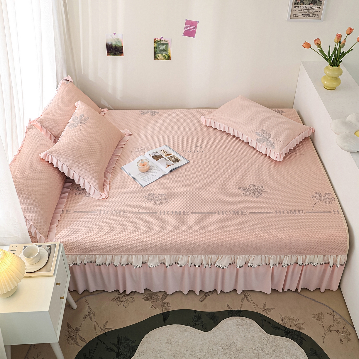 91家纺网 家纺一手货源 找家纺 美优兰 2026新款PE提花凉感冰豆豆三明治复合榻榻米垫 晚亭粉