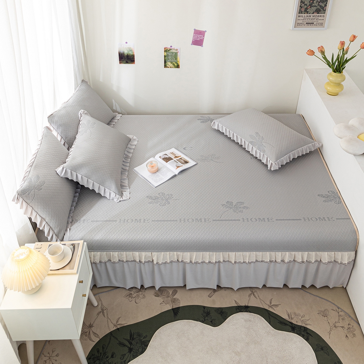 91家纺网 家纺一手货源 找家纺 美优兰 2026新款PE提花凉感冰豆豆三明治复合榻榻米垫 晚亭灰