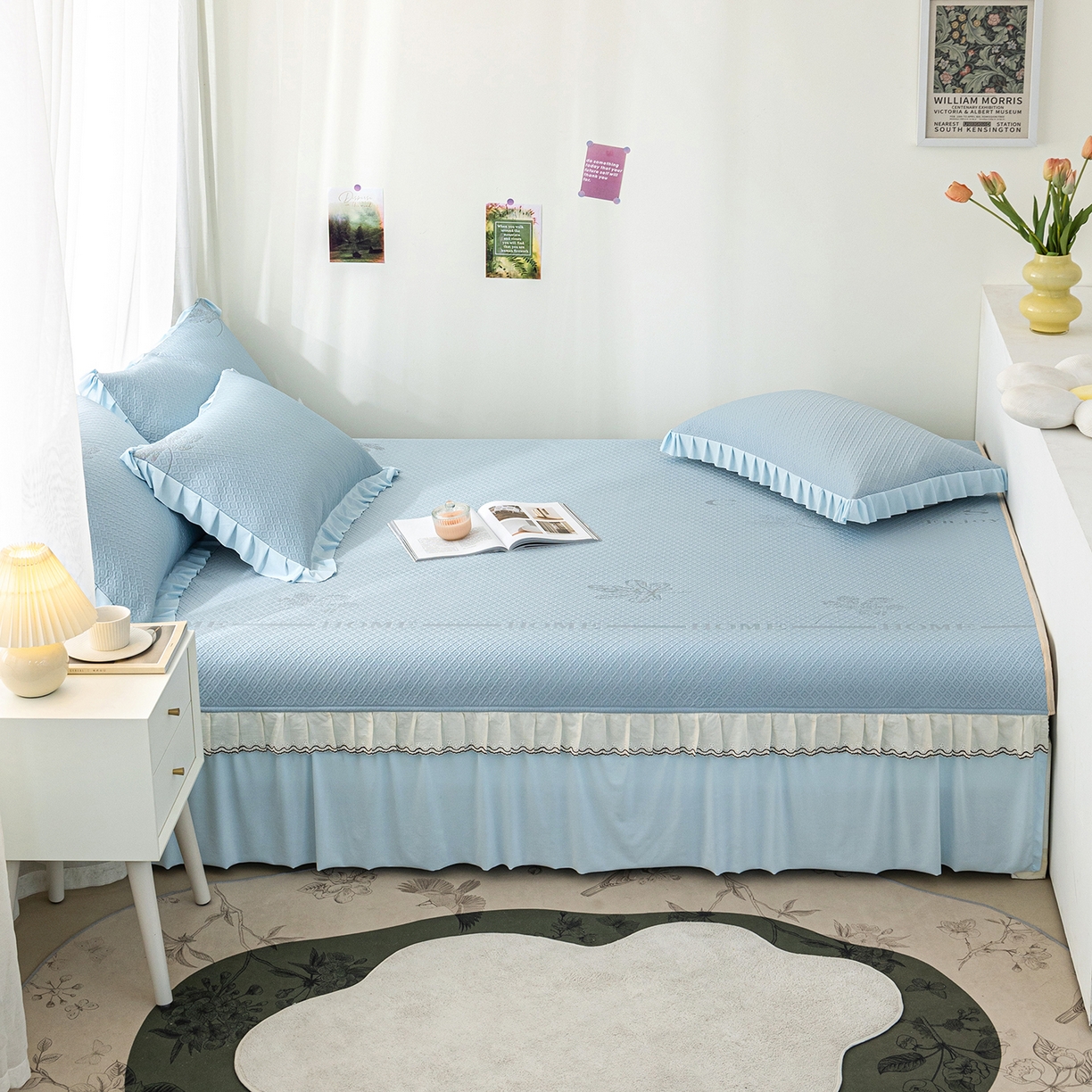 91家纺网 家纺一手货源 找家纺 美优兰 2026新款PE提花凉感冰豆豆三明治复合榻榻米垫 晚亭蓝