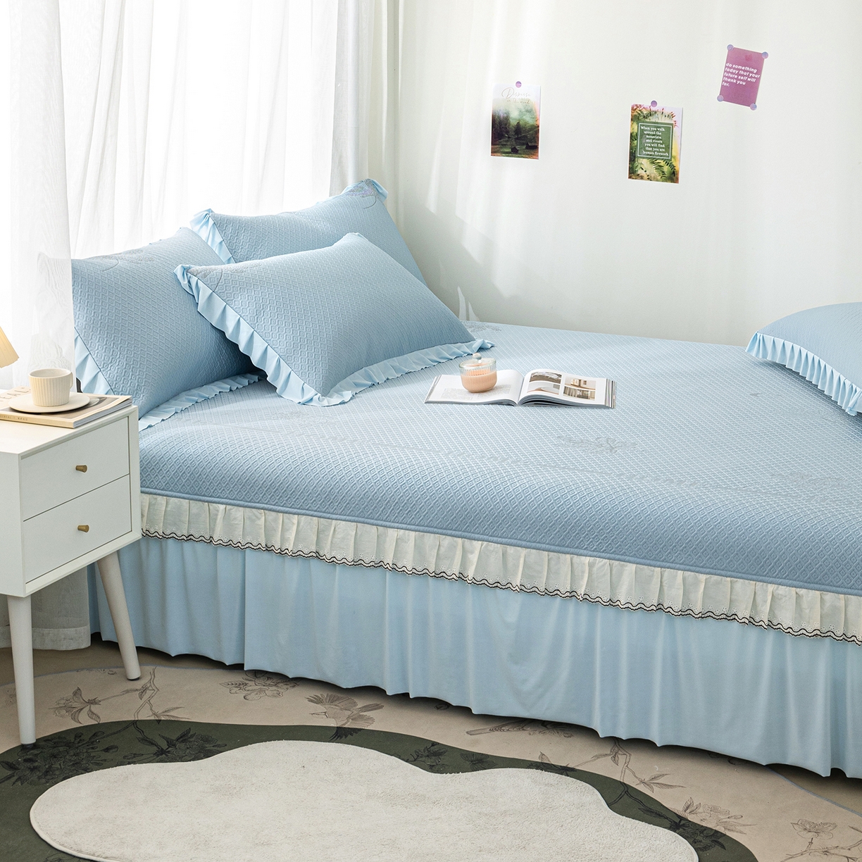 91家纺网 家纺一手货源 找家纺 美优兰 2026新款PE提花凉感冰豆豆三明治复合榻榻米垫 晚亭蓝