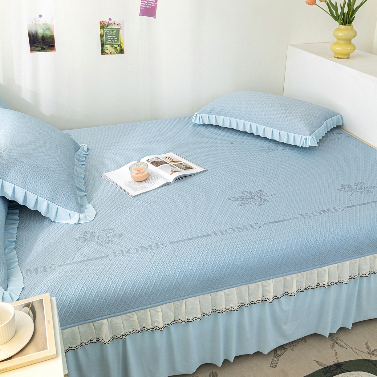 91家纺网 家纺一手货源 找家纺 美优兰 2026新款PE提花凉感冰豆豆三明治复合榻榻米垫 晚亭蓝