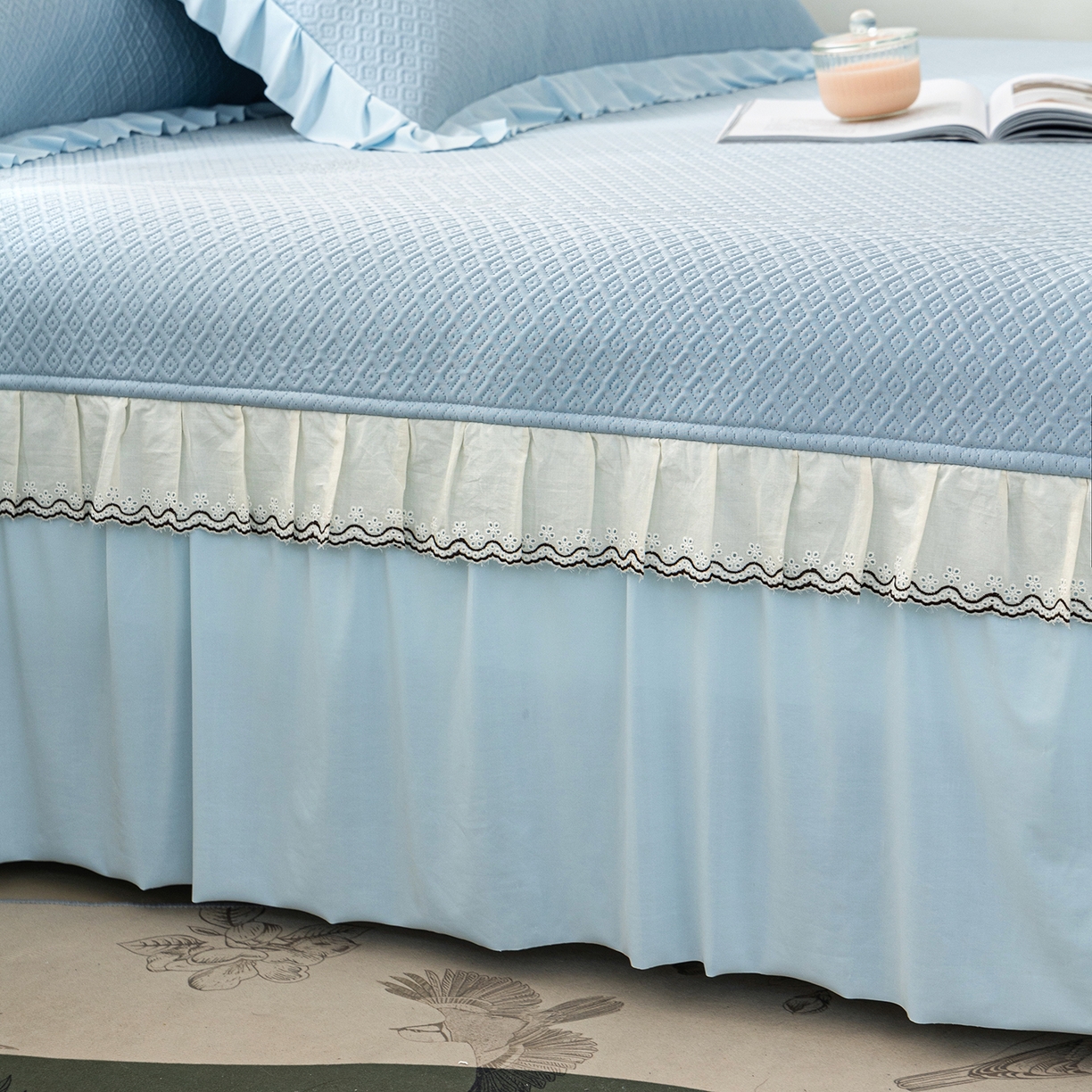 91家纺网 家纺一手货源 找家纺 美优兰 2026新款PE提花凉感冰豆豆三明治复合榻榻米垫 晚亭蓝