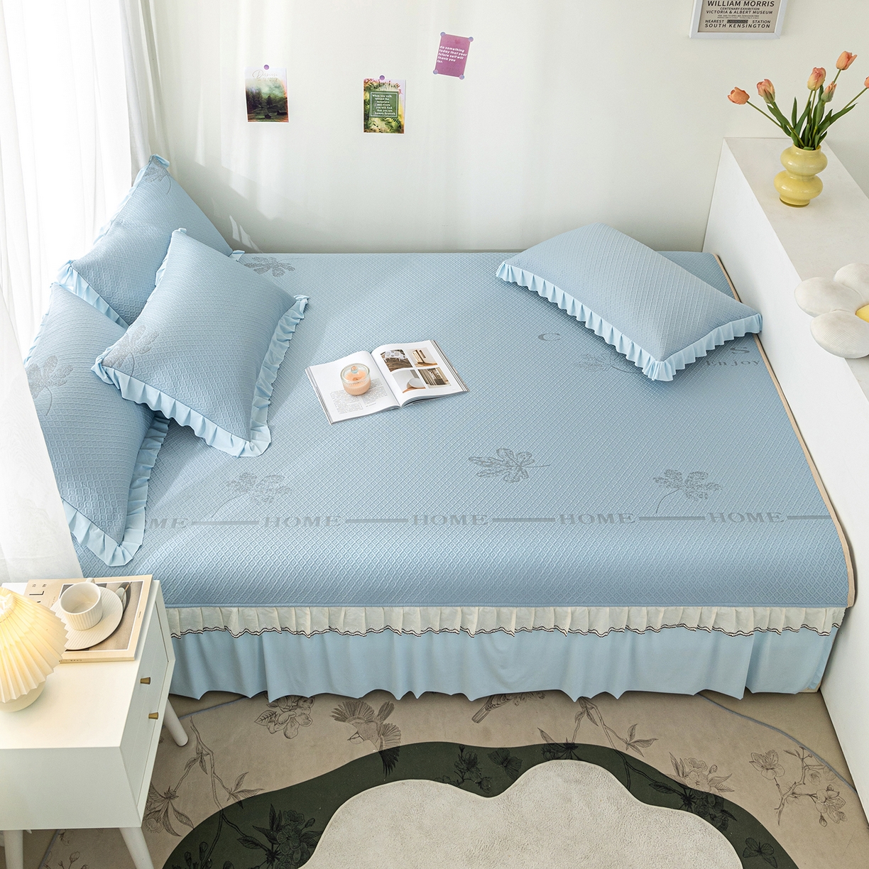 91家纺网 家纺一手货源 找家纺 美优兰 2026新款PE提花凉感冰豆豆三明治复合榻榻米垫 晚亭蓝