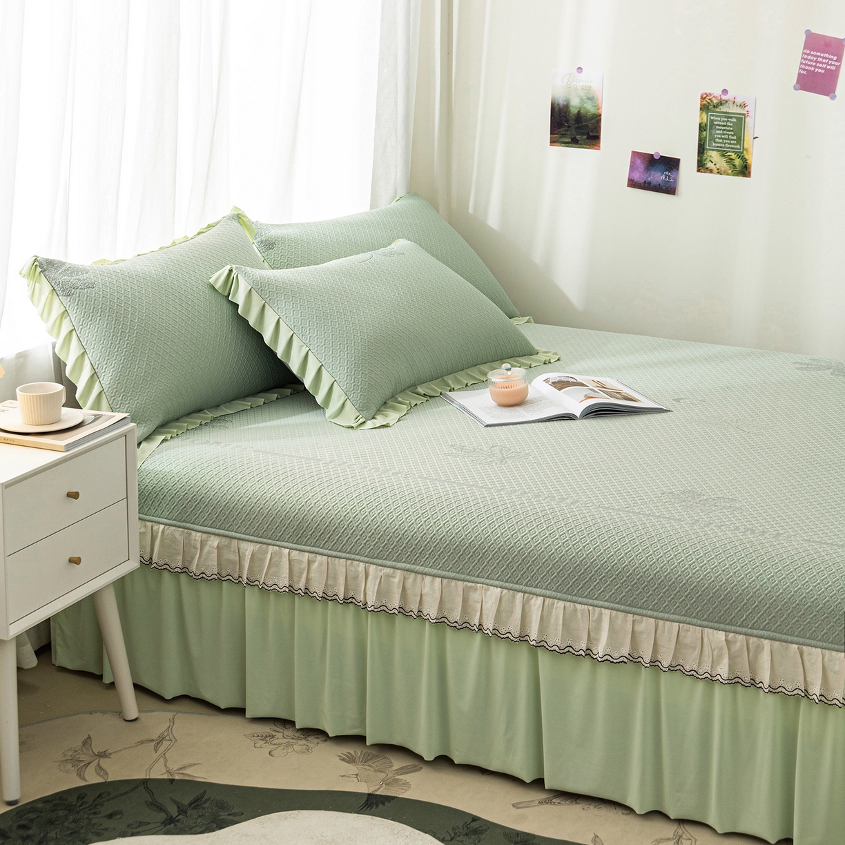 91家纺网 家纺一手货源 找家纺 美优兰 2026新款PE提花凉感冰豆豆三明治复合榻榻米垫 晚亭绿