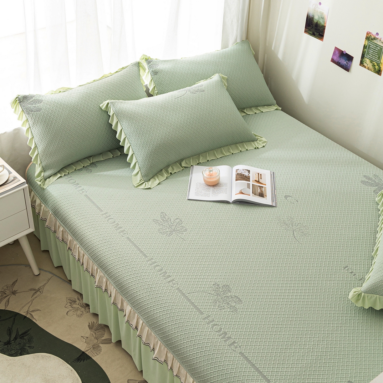 91家纺网 家纺一手货源 找家纺 美优兰 2026新款PE提花凉感冰豆豆三明治复合榻榻米垫 晚亭绿