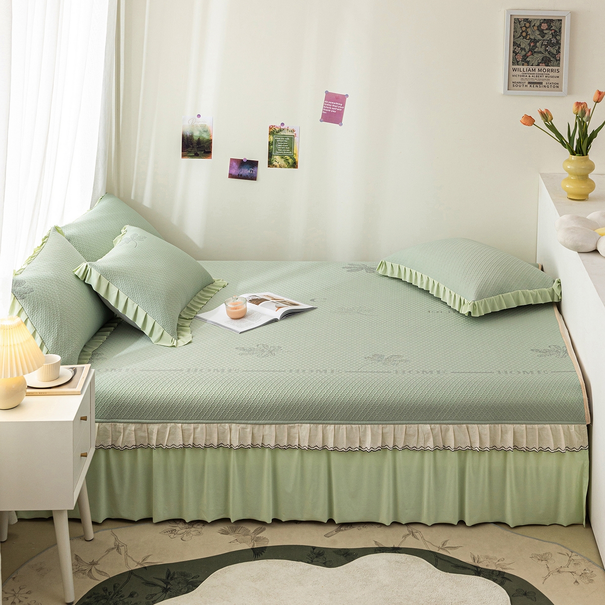 91家纺网 家纺一手货源 找家纺 美优兰 2026新款PE提花凉感冰豆豆三明治复合榻榻米垫 晚亭绿