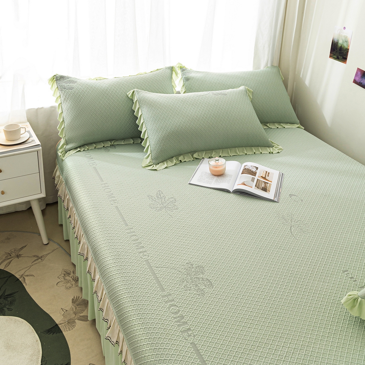 91家纺网 家纺一手货源 找家纺 美优兰 2026新款PE提花凉感冰豆豆三明治复合榻榻米垫 晚亭绿