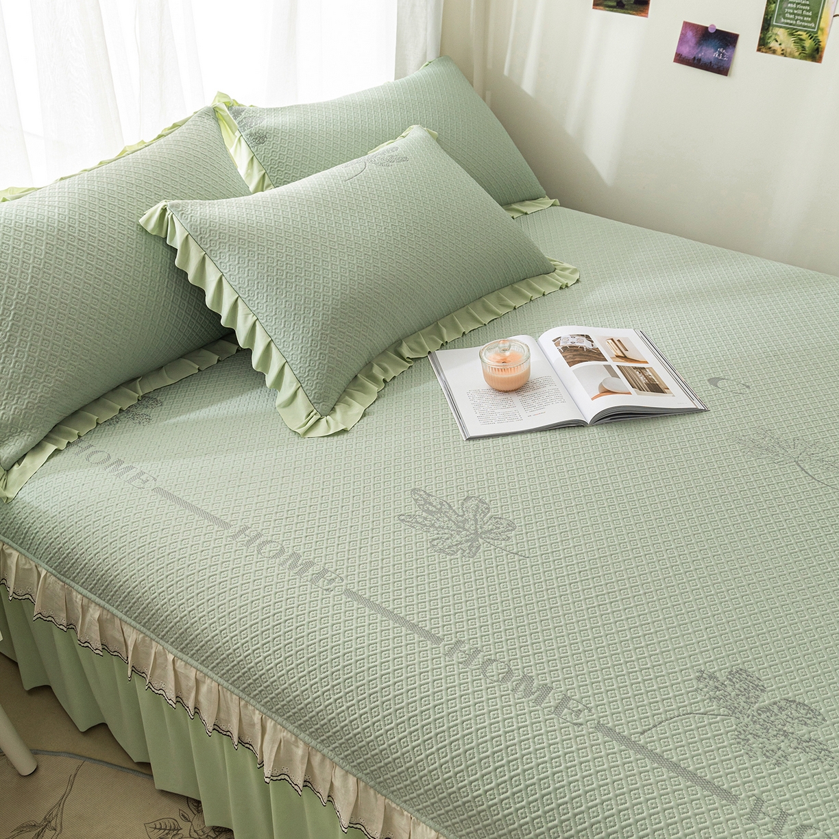 91家纺网 家纺一手货源 找家纺 美优兰 2026新款PE提花凉感冰豆豆三明治复合榻榻米垫 晚亭绿