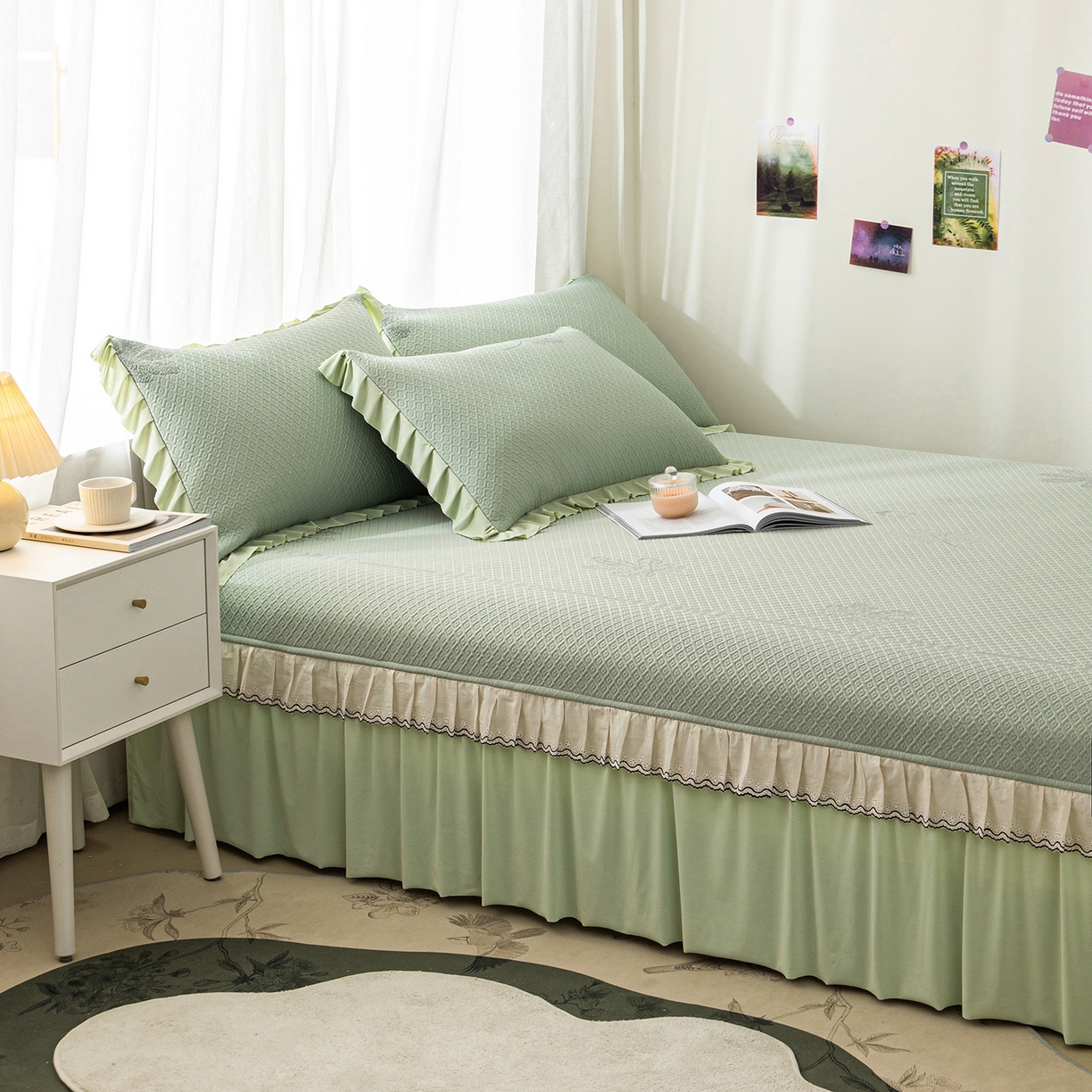 91家纺网 家纺一手货源 找家纺 美优兰 2026新款PE提花凉感冰豆豆三明治复合榻榻米垫 晚亭绿