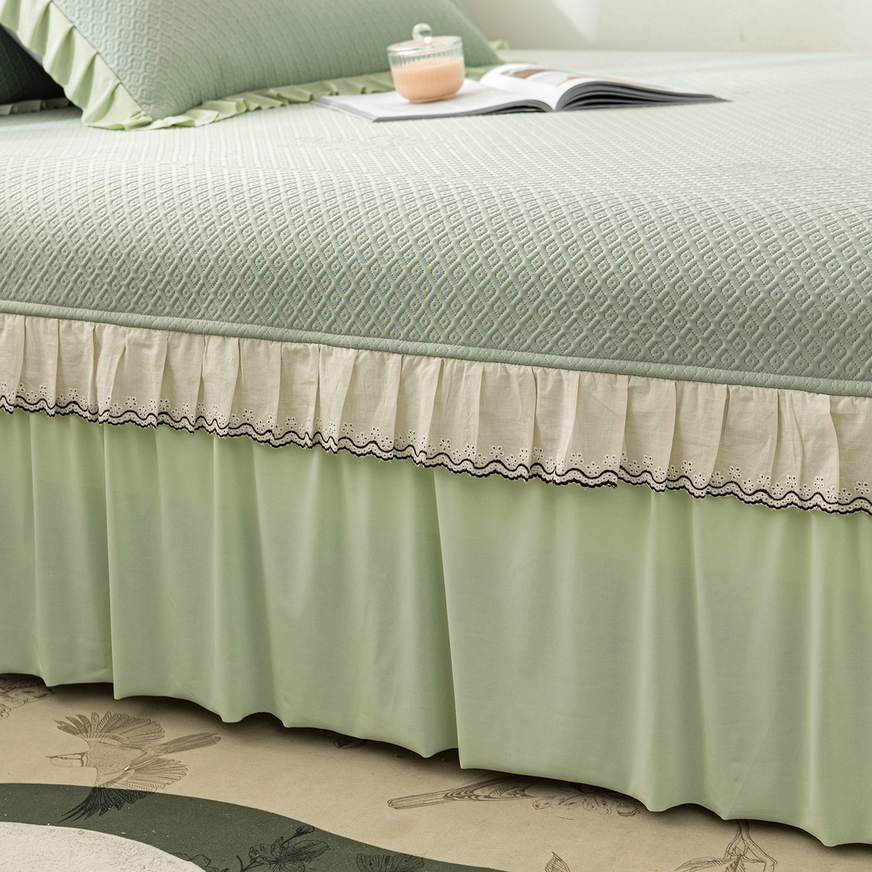 91家纺网 家纺一手货源 找家纺 美优兰 2026新款PE提花凉感冰豆豆三明治复合榻榻米垫 晚亭绿