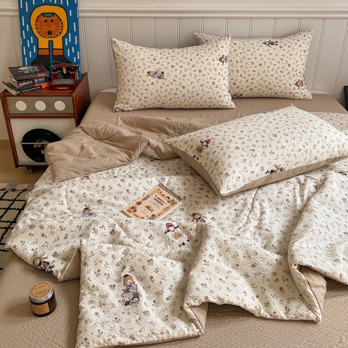 91家纺网 家纺一手货源 找家纺 欧尚家纺 2026新款泡芙纱夏被四件套简单款 花间娃娃