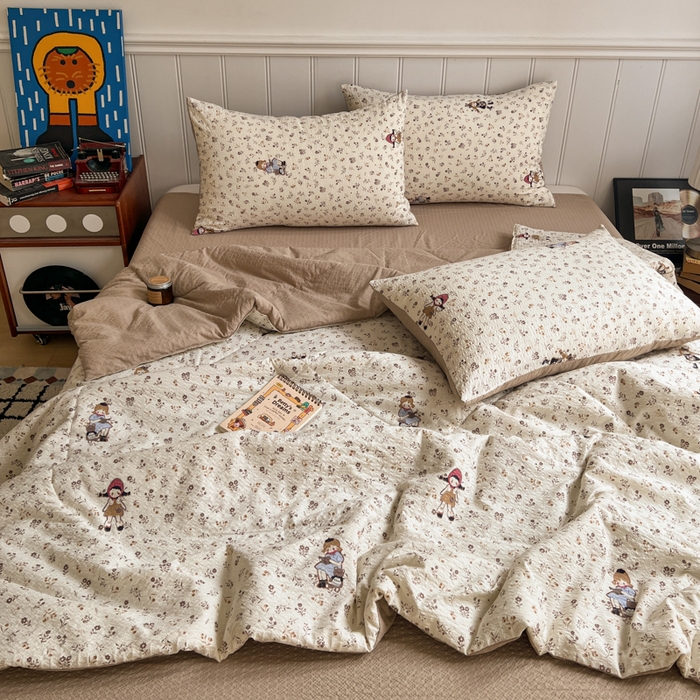 91家纺网 家纺一手货源 找家纺 欧尚家纺 2026新款泡芙纱夏被四件套简单款 花间娃娃