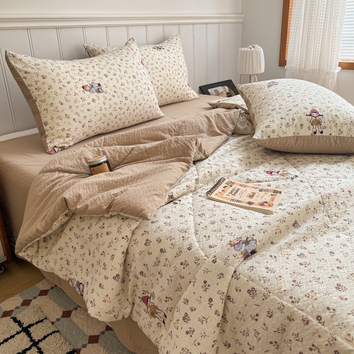 91家纺网 家纺一手货源 找家纺 欧尚家纺 2026新款泡芙纱夏被四件套简单款 花间娃娃