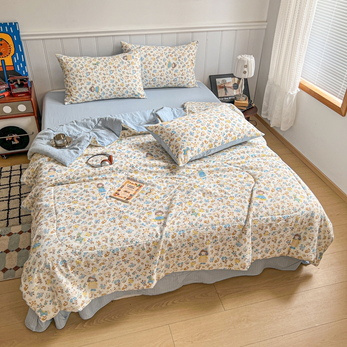 91家纺网 家纺一手货源 找家纺 欧尚家纺 2026新款泡芙纱夏被四件套简单款 花镜人偶黄