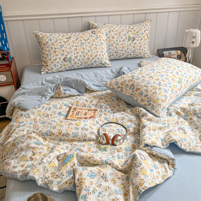 91家纺网 家纺一手货源 找家纺 欧尚家纺 2026新款泡芙纱夏被四件套简单款 花镜人偶黄