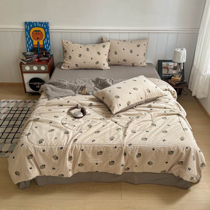 91家纺网 家纺一手货源 找家纺 欧尚家纺 2026新款泡芙纱夏被四件套简单款 灰猫头