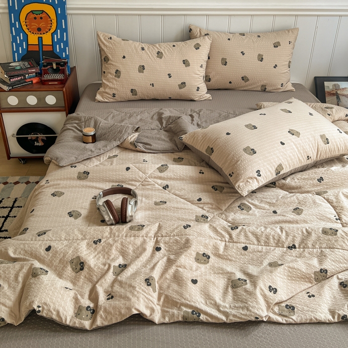 91家纺网 家纺一手货源 找家纺 欧尚家纺 2026新款泡芙纱夏被四件套简单款 灰猫头