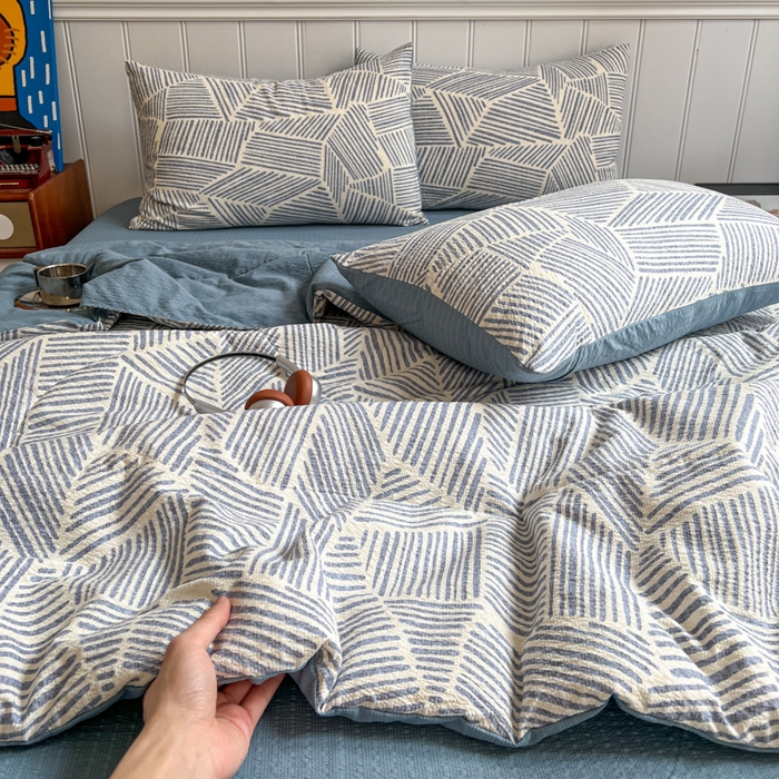 91家纺网 家纺一手货源 找家纺 欧尚家纺 2026新款泡芙纱夏被四件套简单款 浅川纹