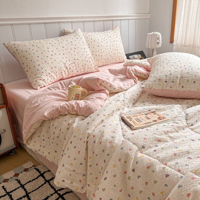 91家纺网 家纺一手货源 找家纺 禾沐  2026新款泡芙纱夏被四件套简单款 粉色小心心