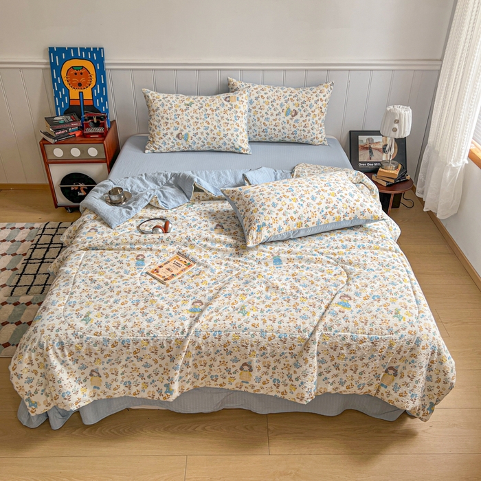 91家纺网 家纺一手货源 找家纺 禾沐  2026新款泡芙纱夏被四件套简单款 花镜人偶黄