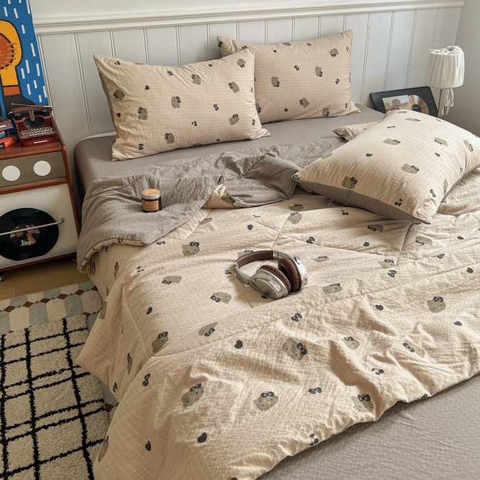 禾沐  2026新款泡芙纱夏被四件套简单款 灰猫头