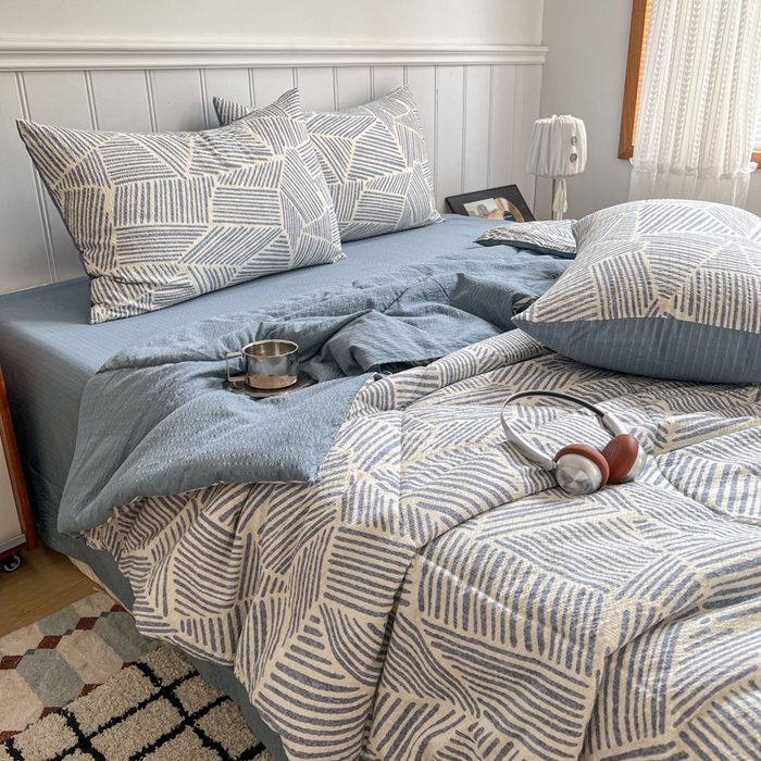 91家纺网 家纺一手货源 找家纺 禾沐  2026新款泡芙纱夏被四件套简单款 浅川纹