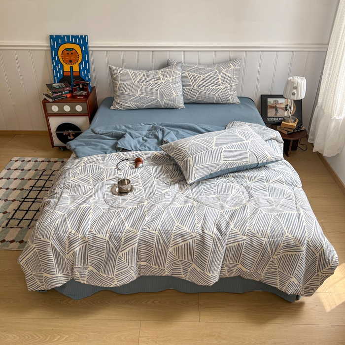 91家纺网 家纺一手货源 找家纺 禾沐  2026新款泡芙纱夏被四件套简单款 浅川纹