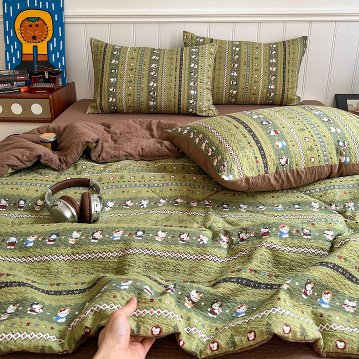 91家纺网 家纺一手货源 找家纺 禾沐  2026新款泡芙纱夏被四件套简单款 森林描绘