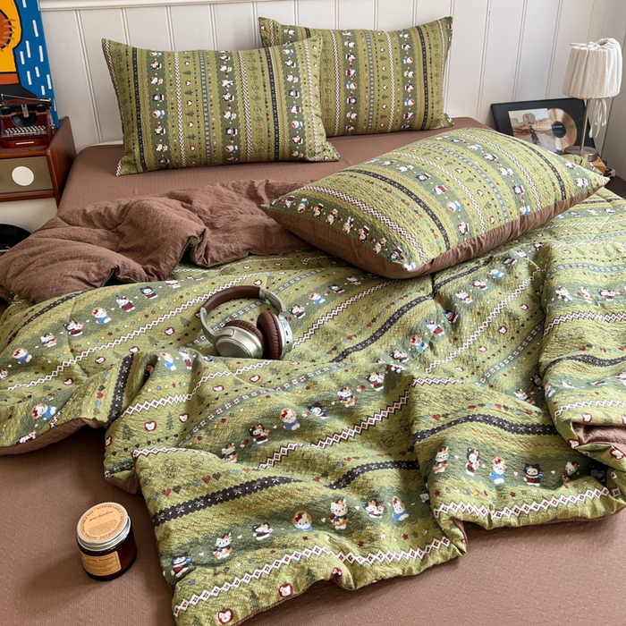 91家纺网 家纺一手货源 找家纺 禾沐  2026新款泡芙纱夏被四件套简单款 森林描绘