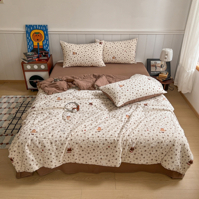 91家纺网 家纺一手货源 找家纺 禾沐  2026新款泡芙纱夏被四件套简单款 田园兔