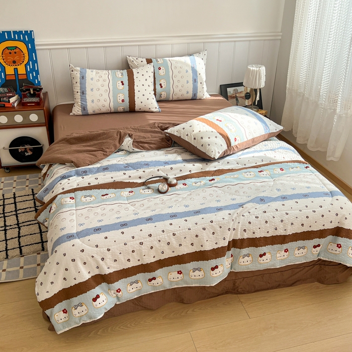 91家纺网 家纺一手货源 找家纺 禾沐  2026新款泡芙纱夏被四件套简单款 KT猫