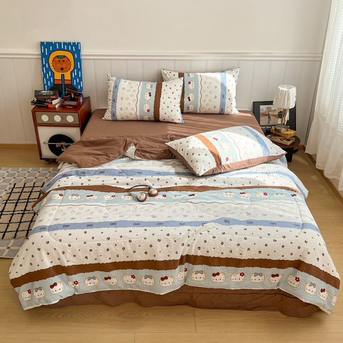 91家纺网 家纺一手货源 找家纺 禾沐  2026新款泡芙纱夏被四件套简单款 KT猫