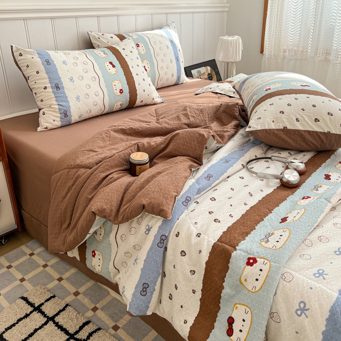 91家纺网 家纺一手货源 找家纺 禾沐  2026新款泡芙纱夏被四件套简单款 KT猫