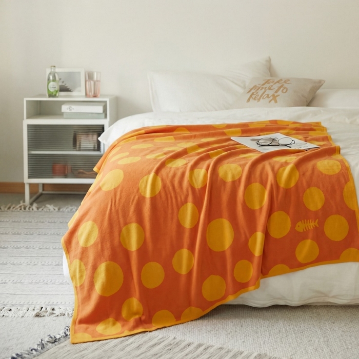 91家纺网 家纺一手货源 找家纺 暖绵绵家纺 2026新款全棉亲肤舒适毯子-艾蜜欧 橙黄色