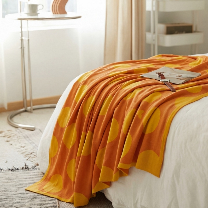 91家纺网 家纺一手货源 找家纺 暖绵绵家纺 2026新款全棉亲肤舒适毯子-艾蜜欧 橙黄色