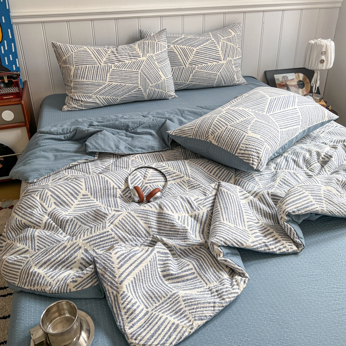 91家纺网 家纺一手货源 找家纺  梵希雅  2026新款泡芙纱夏被四件套简单款 浅川纹