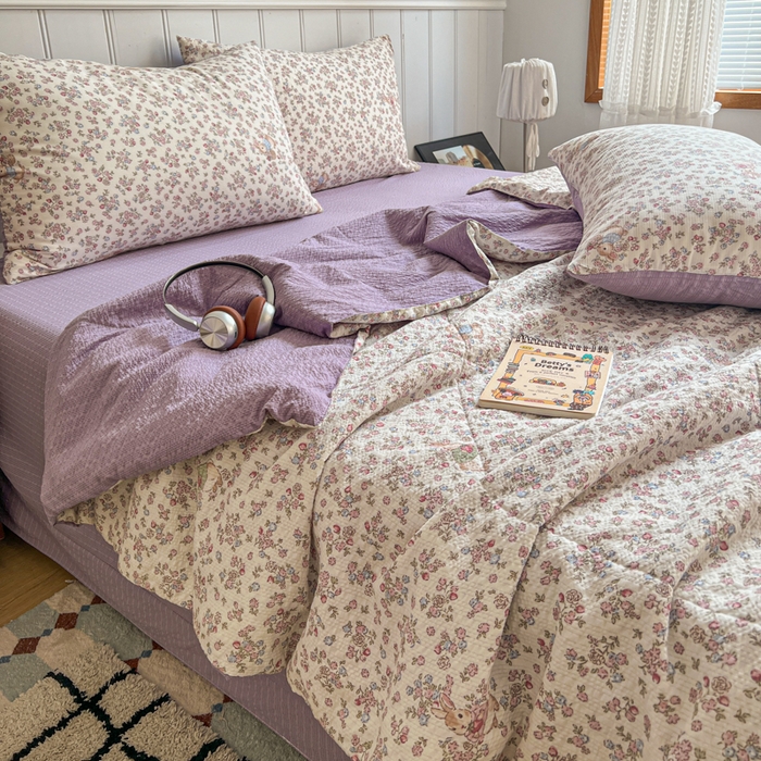 91家纺网 家纺一手货源 找家纺  梵希雅  2026新款泡芙纱夏被四件套简单款 紫陌