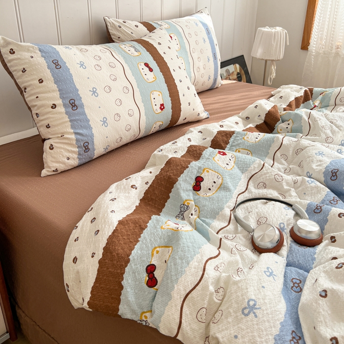 91家纺网 家纺一手货源 找家纺  梵希雅  2026新款泡芙纱夏被四件套简单款 KT猫