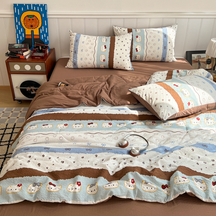 91家纺网 家纺一手货源 找家纺  梵希雅  2026新款泡芙纱夏被四件套简单款 KT猫