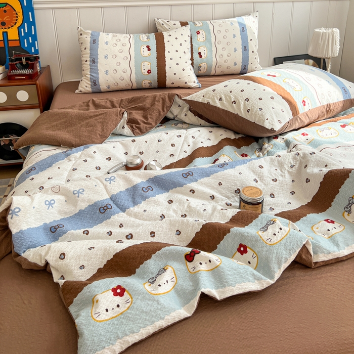 91家纺网 家纺一手货源 找家纺  梵希雅  2026新款泡芙纱夏被四件套简单款 KT猫