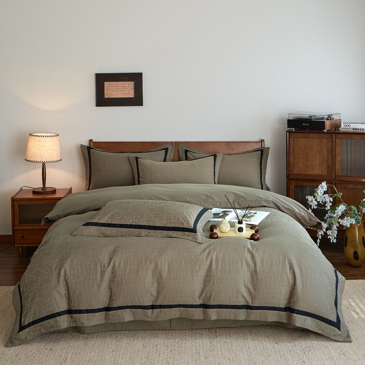 91家纺网 家纺一手货源 找家纺 蓝邻 2024新款全棉无印风全棉色织水洗棉单品被套 牛油果灰大格