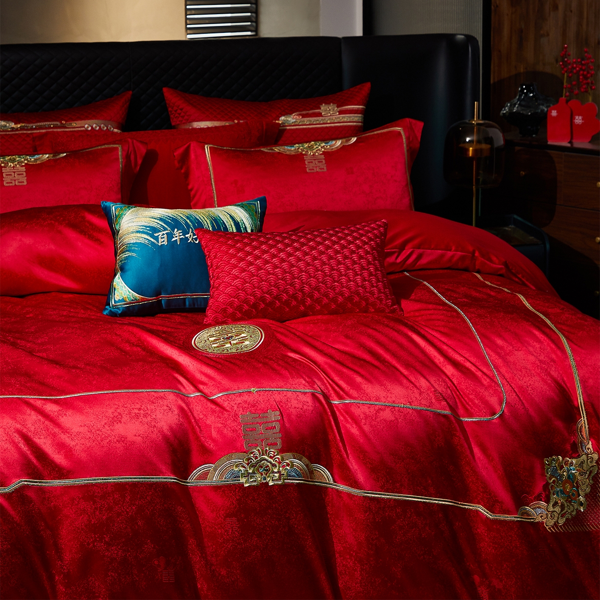 91家纺网 家纺一手货源 找家纺 蒂爵 2026新款高端绣花婚庆四件套 喜绣天下