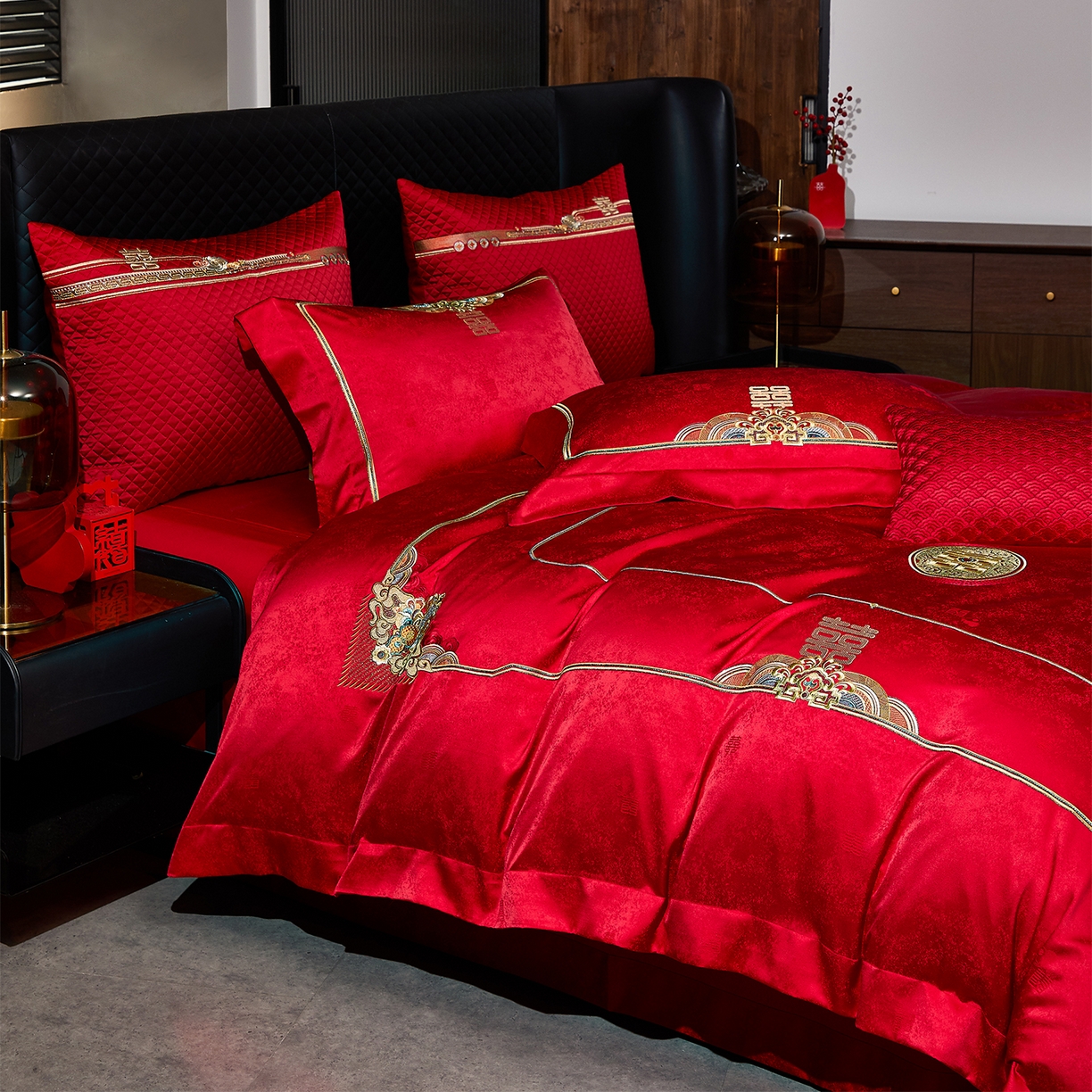 91家纺网 家纺一手货源 找家纺 蒂爵 2026新款高端绣花婚庆四件套 喜绣天下