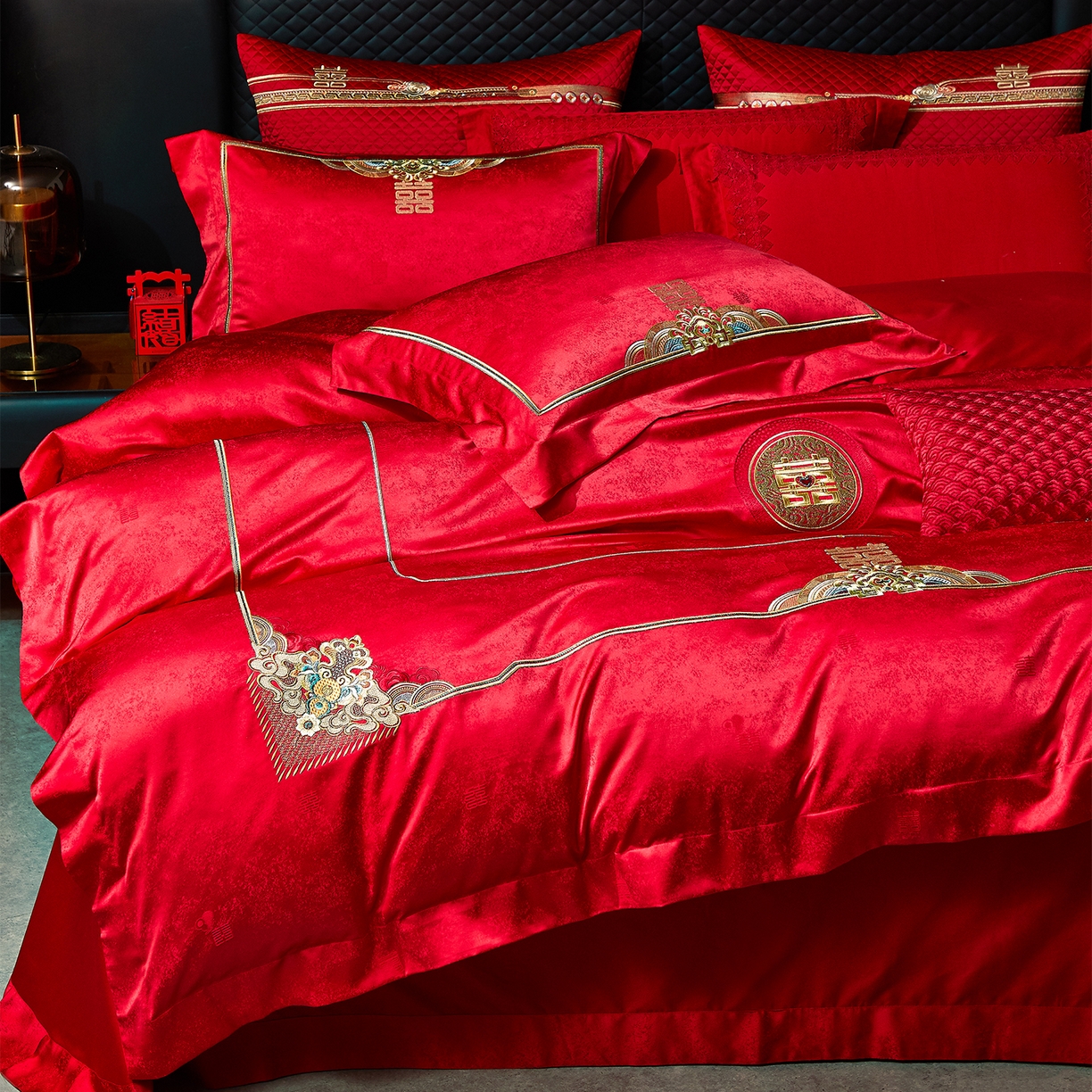 91家纺网 家纺一手货源 找家纺 蒂爵 2026新款高端绣花婚庆四件套 喜绣天下