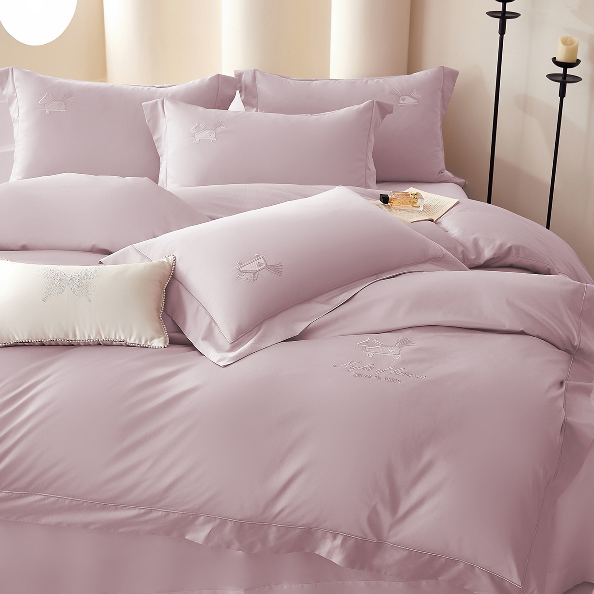 91家纺网 家纺一手货源 找家纺 蒂爵 2026新款高支数长绒棉纯棉刺绣四件套-马上有赚系列 粉豆沙