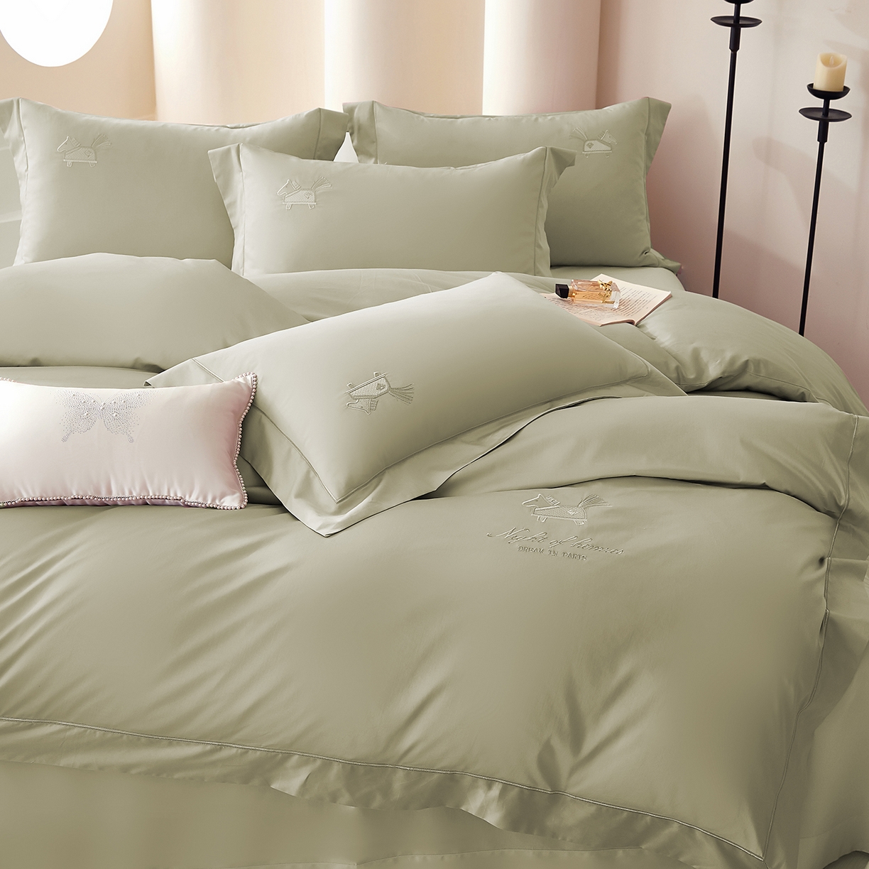 蒂爵 2026新款高支数长绒棉纯棉刺绣四件套-马上有赚系列 艾草绿