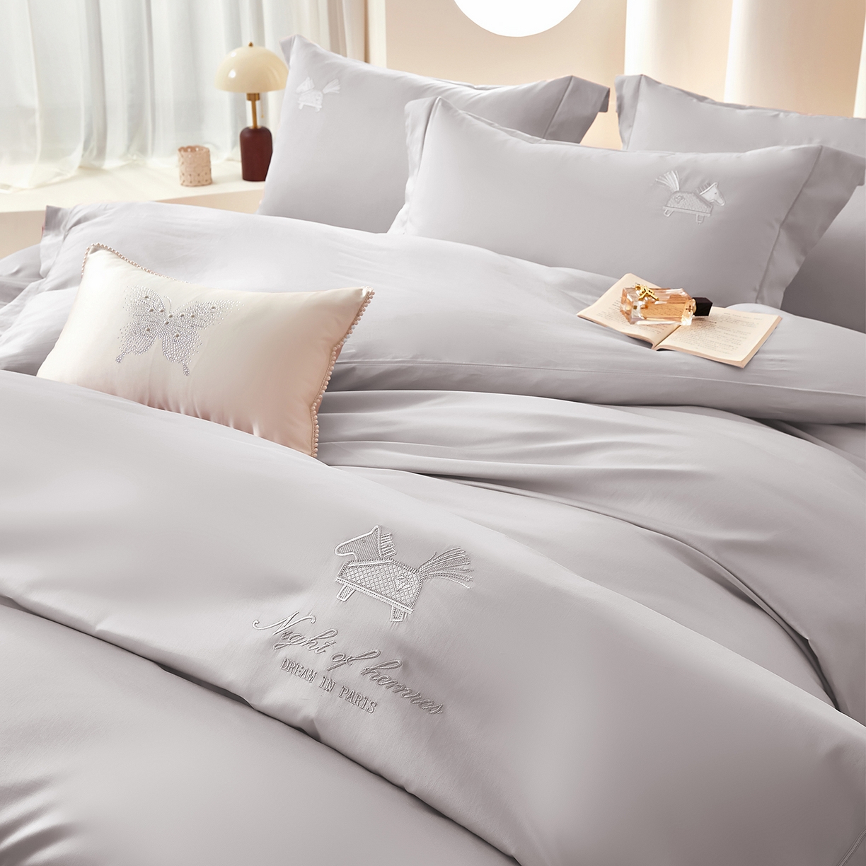 91家纺网 家纺一手货源 找家纺 蒂爵 2026新款高支数长绒棉纯棉刺绣四件套-马上有赚系列 高级灰