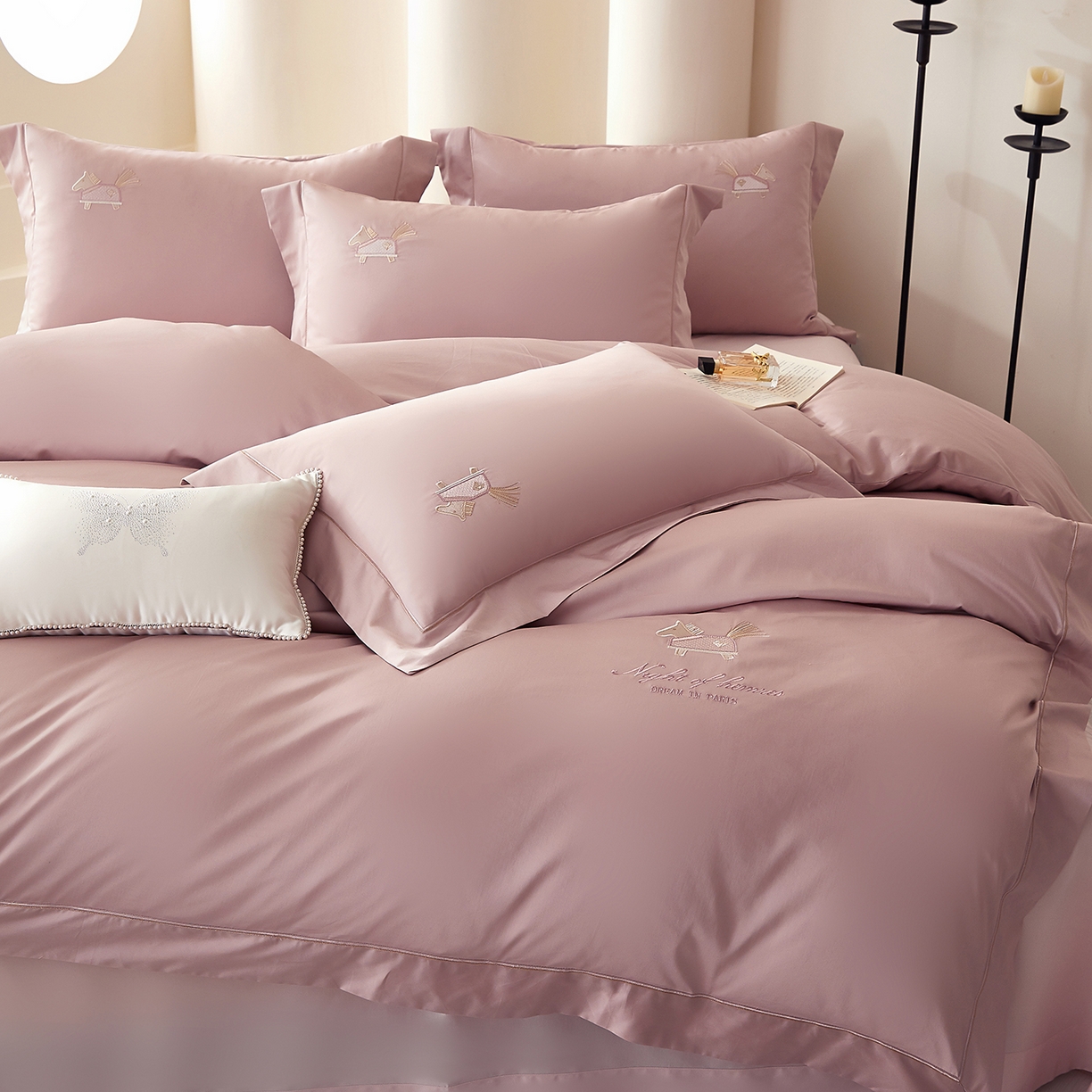 蒂爵 2026新款高支数长绒棉纯棉刺绣四件套-马上有赚系列 香芋紫