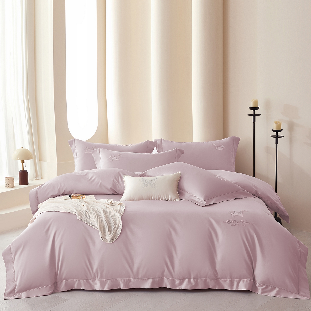 91家纺网 家纺一手货源 找家纺 蒂爵 2026新款高支数长绒棉纯棉刺绣四件套-马上有赚系列 粉豆沙